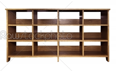 Empty Wood Bookshelf Isolated On White With Work Parts Objects