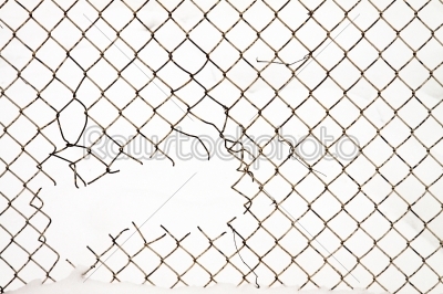 A close up of a metal net fence.