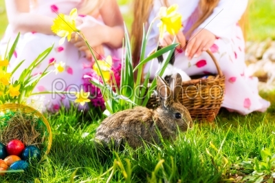 Children on Easter egg hunt with bunny