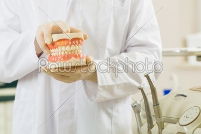 Dentist in his surgery, he holds a denture