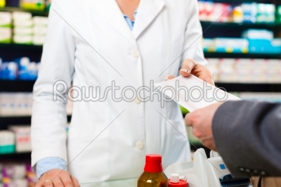 Female pharmacist with customer in pharmacy