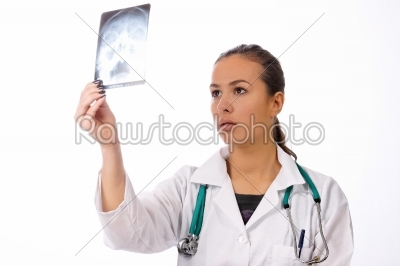 Full isolated portrait of a beautiful caucasian doctor with xray