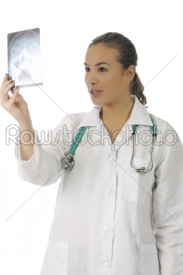 Full isolated portrait of a beautiful caucasian doctor with xray