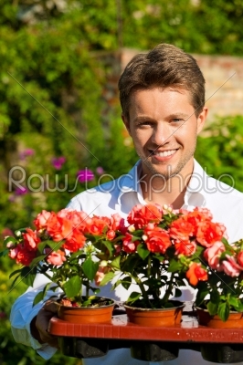 Gardening in summer - man with flowers