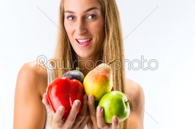 Healthy eating, happy woman with fruits and vegetables