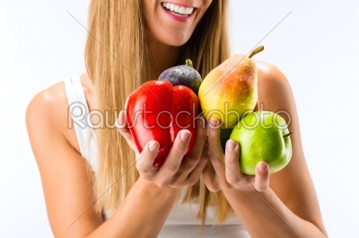 Healthy eating, happy woman with fruits and vegetables
