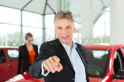 Mature man with woman and auto in car dealership