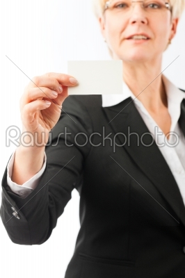 Mature woman showing her business card