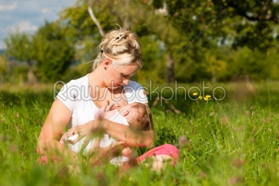 Mother nursing baby on meadow