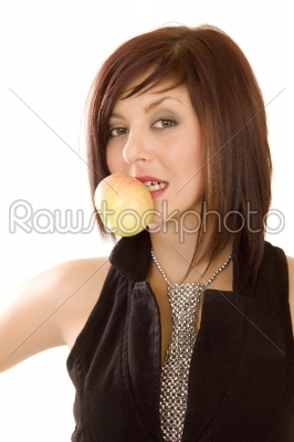Portrait of pretty girl with open mouth eating green apple