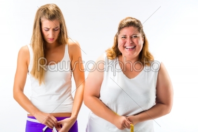 Thin and fat woman measuring waist with tape