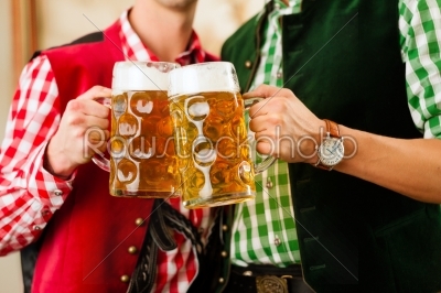 Two young men in traditional Bavarian Tracht in restaurant or pub