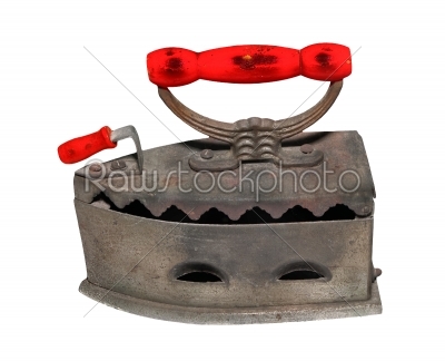 Vintage iron with red wood handle isolated on white background