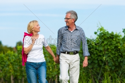 Visibly happy mature or senior couple outdoors hand in hand having a walk