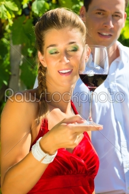 Woman and man standing at vineyard and drinking wine