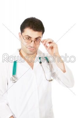 young medical doctor with stethoscope. Isolated over white