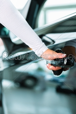 Young woman and seller with auto in car dealership