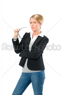 Young woman with white background thinking