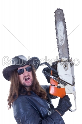 a man with a chainsaw with an expression