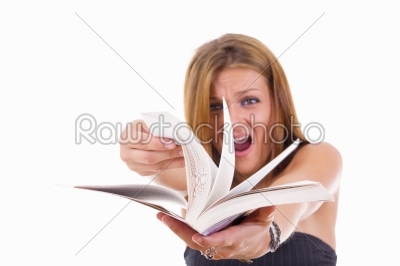 angry female student flipping a book