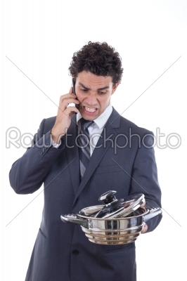 angry man seeking lunch on mobile phone