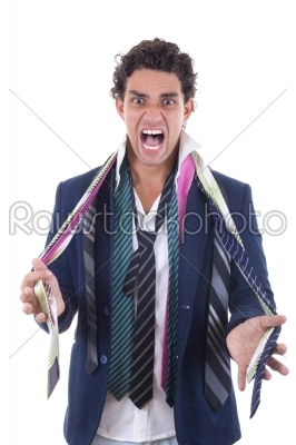 angry man with lot of ties around his neck