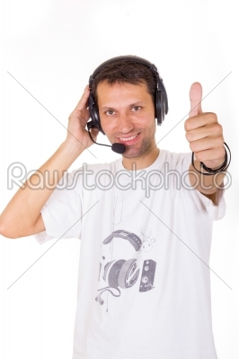 assistant with headset showing ok with thumb up