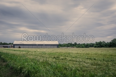 Barn on a field in cloudy weather