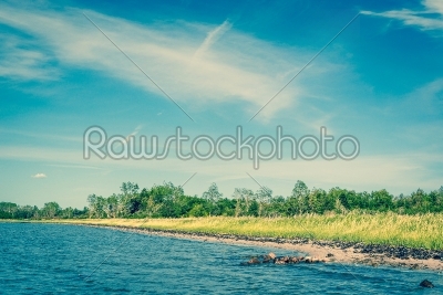 Beach with green grass and blue water