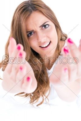 beautiful woman calling come here and stretch out hands