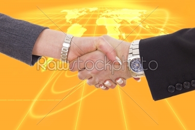 business shaking hands in front of earth map