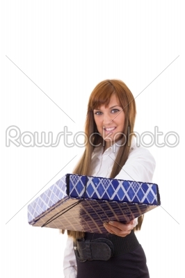 business woman wearing skirt and shirt offering present smiling