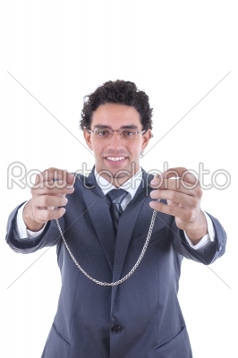 businessman offers a silver necklace