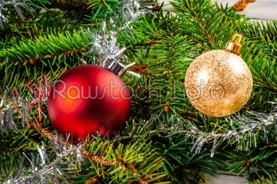 Christmas baubles on pine
