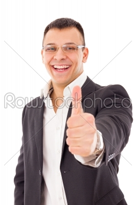 confident businessman in suit with glasses showing thumbs up