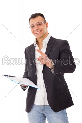 confident businessman with notes and pen