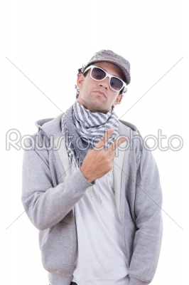cool man in gray sweatshirt wearing sunglasses and cap with scar