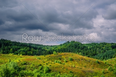 Dark clouds hanging over green nature