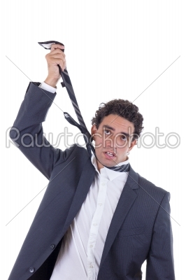 exhausted businessman hanging himself on tie