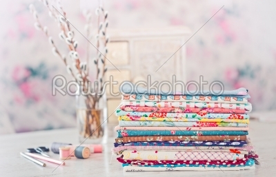 Fabric Pile of colorful folded textile with sew items