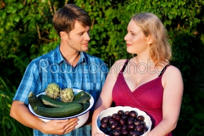 Farmers with fruit and vegetables 