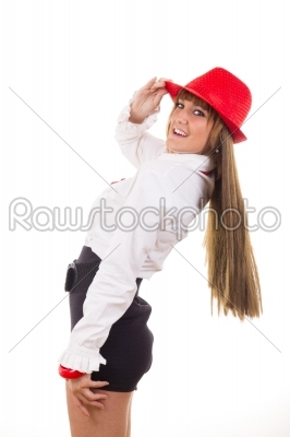 female model with the red hat smiling