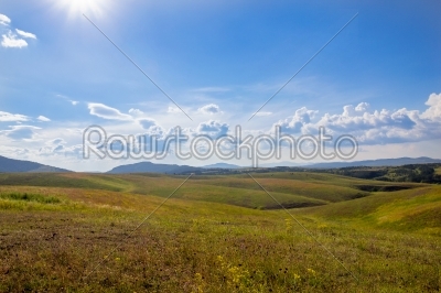 field landscape with blue sky