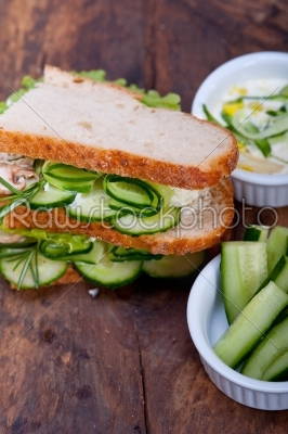 fresh vegetarian sandwich with garlic cheese dip salad
