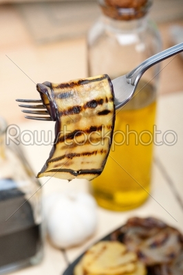 grilled eggplant oubergine on a fork