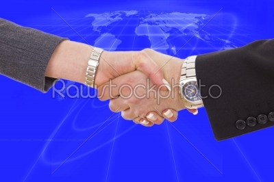 handshake between business people with global network planet map