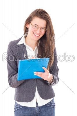 happy young woman in business style writing in notebook