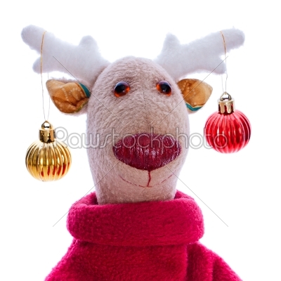 head of Handmade toy Christmas deer isolate over white