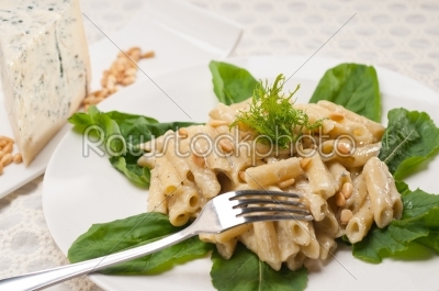 Italian pasta penne gorgonzola and pine nuts