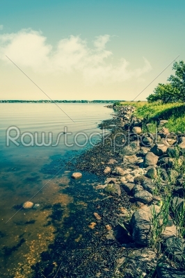 Lake shore with rocks and green grass